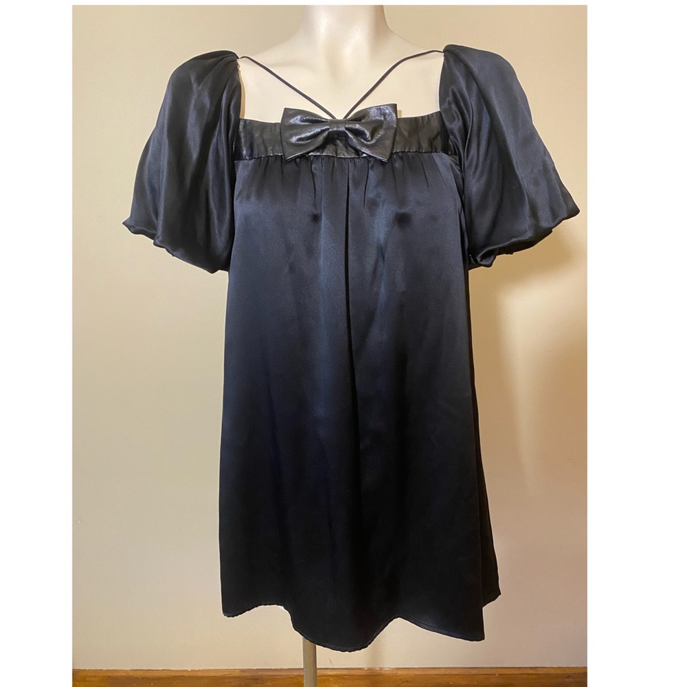 Voom by Joy Han Black Satin Mini Dress with Bow Trim
